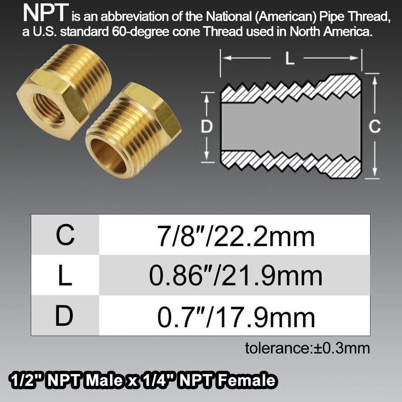 boeray بويراي 2 قطعة 1/2 بوصة NPT ذكر إلى 1/4 بوصة NPT أنثى مخفض نحاسي أنبوب خرطوم تركيب محول رأس سداسي مخفض تحويل - Image 2